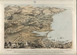 Panoramakarte der Krimküste von Jevpatorija/Eupatoria (russisch Evpatorija, krimtatar. Kezlev, griech. antik Kerkinitis) und Simferopol über Sewastopol bis Balaklawa. Farblithographie nach eigener Zeichnung von Thomas Packer, 1855. Blatt 6 einer serie,